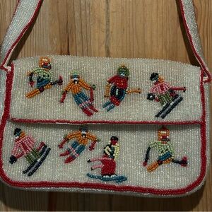 Anthropologie Maeve Cream Beaded Ski Winter Motif Shoulder Fiona Bag